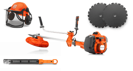 Husqvarna röjsågs tillsammans med klingor, hjälm och filmall